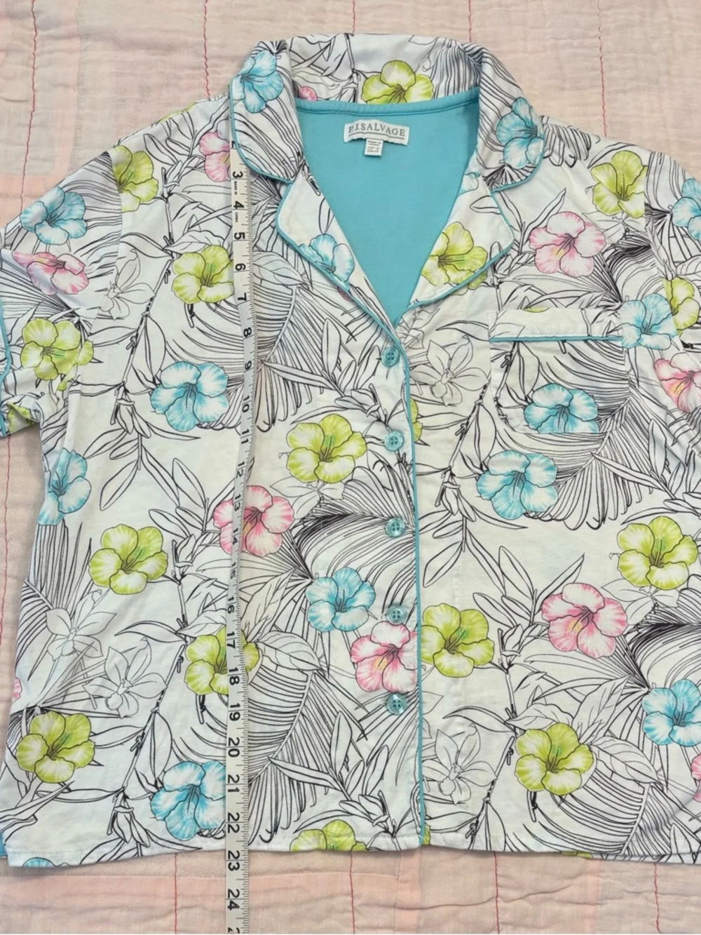 P.J. Salvage Hibiscus Flower Shorts Set, Sz M, Aqua Trim, Yellow, Pink - Picture 3 of 16